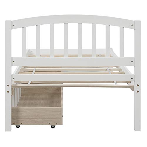 Twin Size Platform Bed with 2 Storage Drawers, Solid Wood Twin Bed Frame with Slat support and Headboard for Kids, Teen, Adults, No Box Spring Needed(Twin, White)