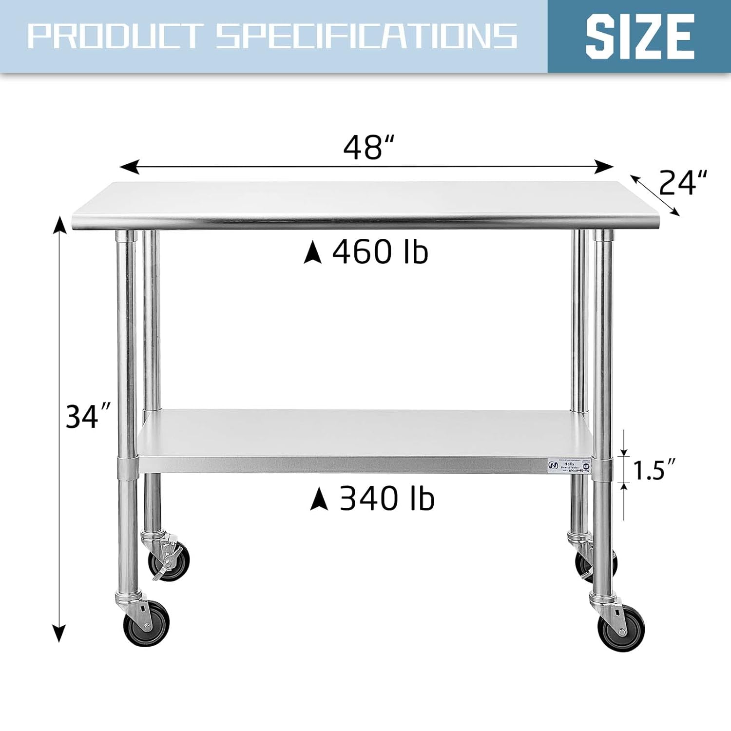 Hally Stainless Steel Table for Prep & Work 24 x 36 Inches with Caster Wheels, NSF Commercial Heavy Duty Table with Undershelf and Galvanized Legs for Restaurant, Home and Hotel