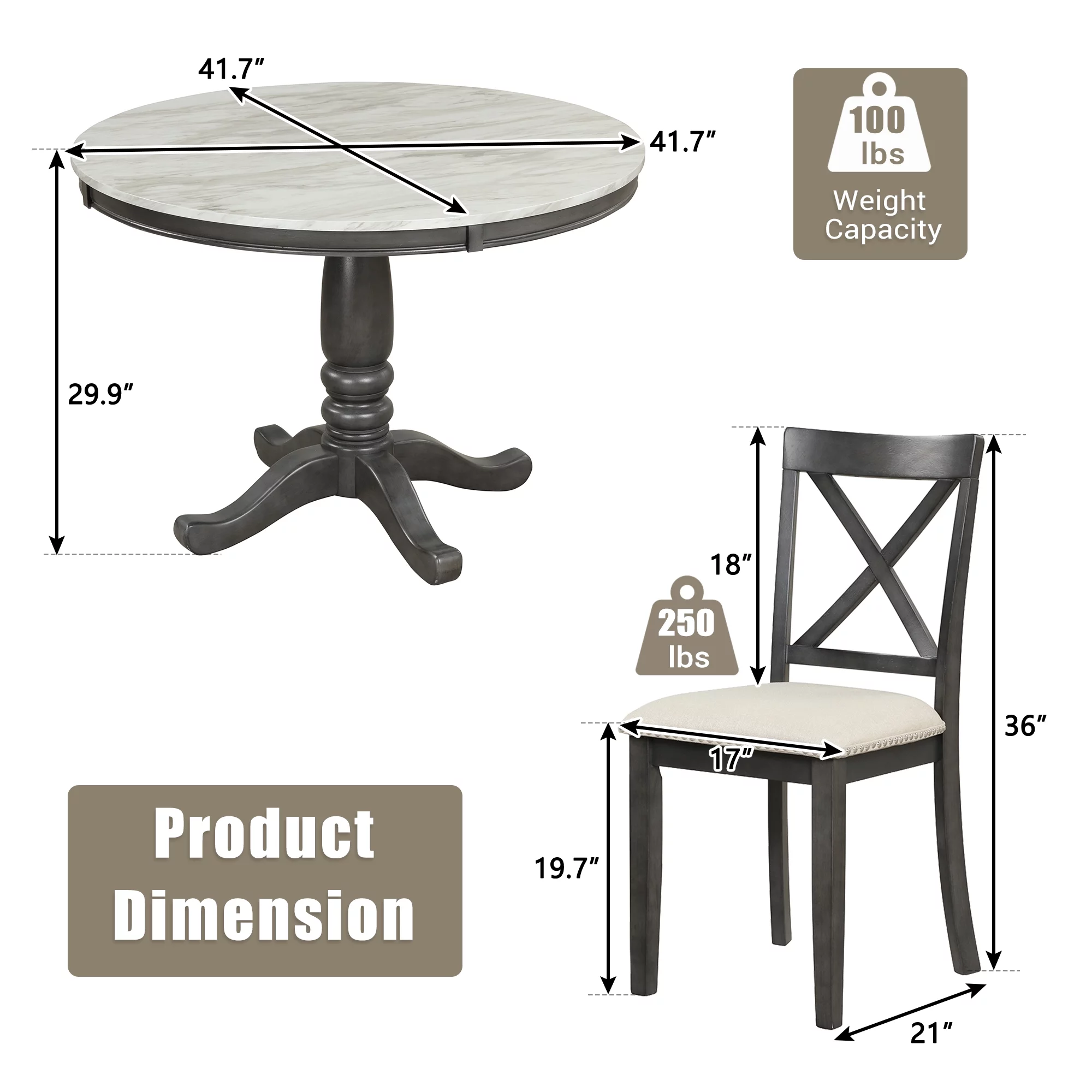 5 Piece Modern Solid Wood Dining Room Set with 4 Chairs, Simple Style Kitchen Table Set with Table and 4 Cross Back Chairs, Round Table with Chairs for Small Places (Gray)
