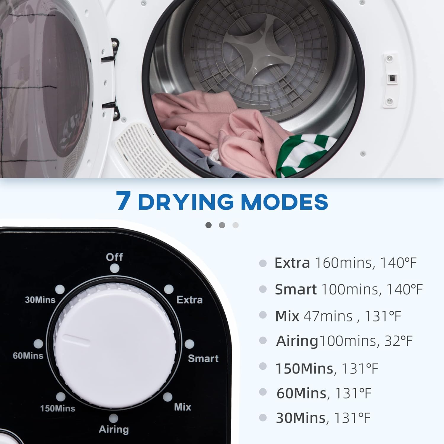 Portable Clothes Dryer, 120V 1300W Compact Laundry Dryer with Intelligent Drying, 3.2 cu.ft Stainless Steel Drum, Front Load Electric Dryer for Apartments, Dorms, RVs, White