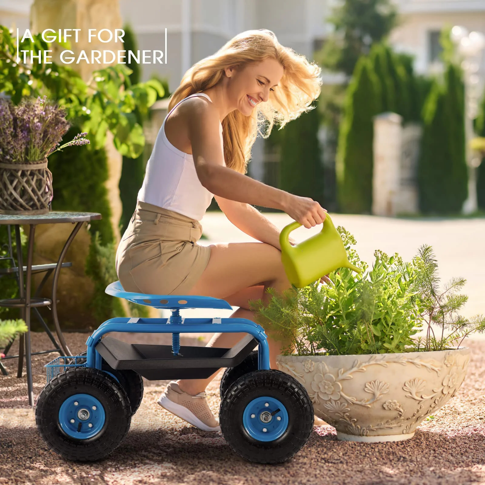 Rolling Garden Tool Cart with Seat Heavy Duty Scooter with Handle and Storage for Seniors Garden Cart on Wheel,Blue