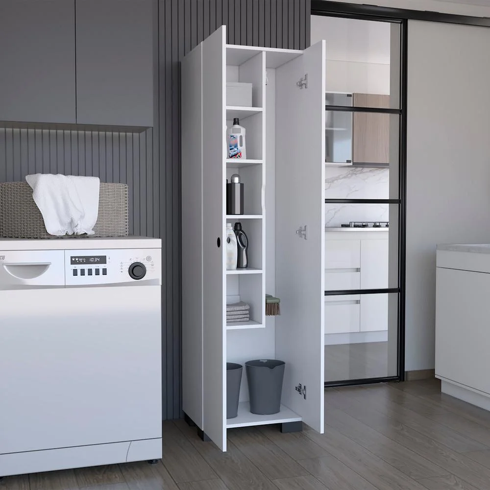 Depot E-Shop Broom Cabinet Double-Door Design with Inner Shelves and Side Hangers, White