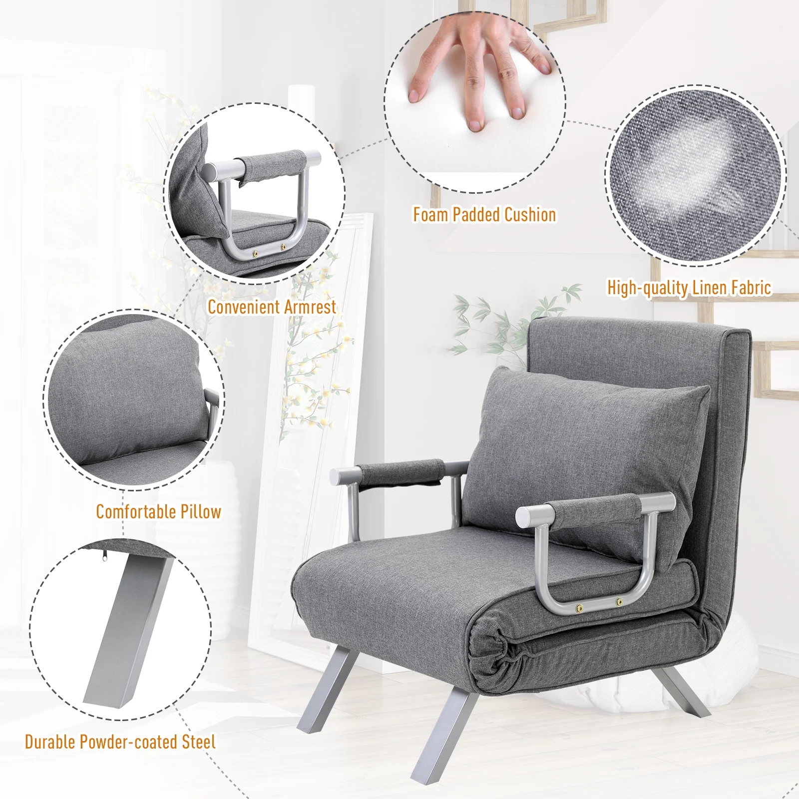 HOMCOM Single Person Folding 5 Position Convertible Sofa Bed Linen Sleeper Chair, Light Grey