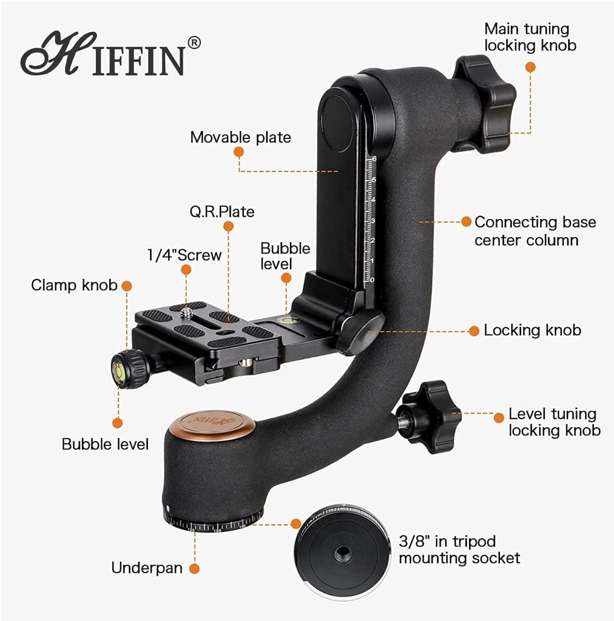 HIFFIN 360 Degree Gimble Tripod Head Panoramic Gimbal Tripod Head with Arca-Swiss Standard 1/4'' Quick Release Plate and Bubble Level for Digital