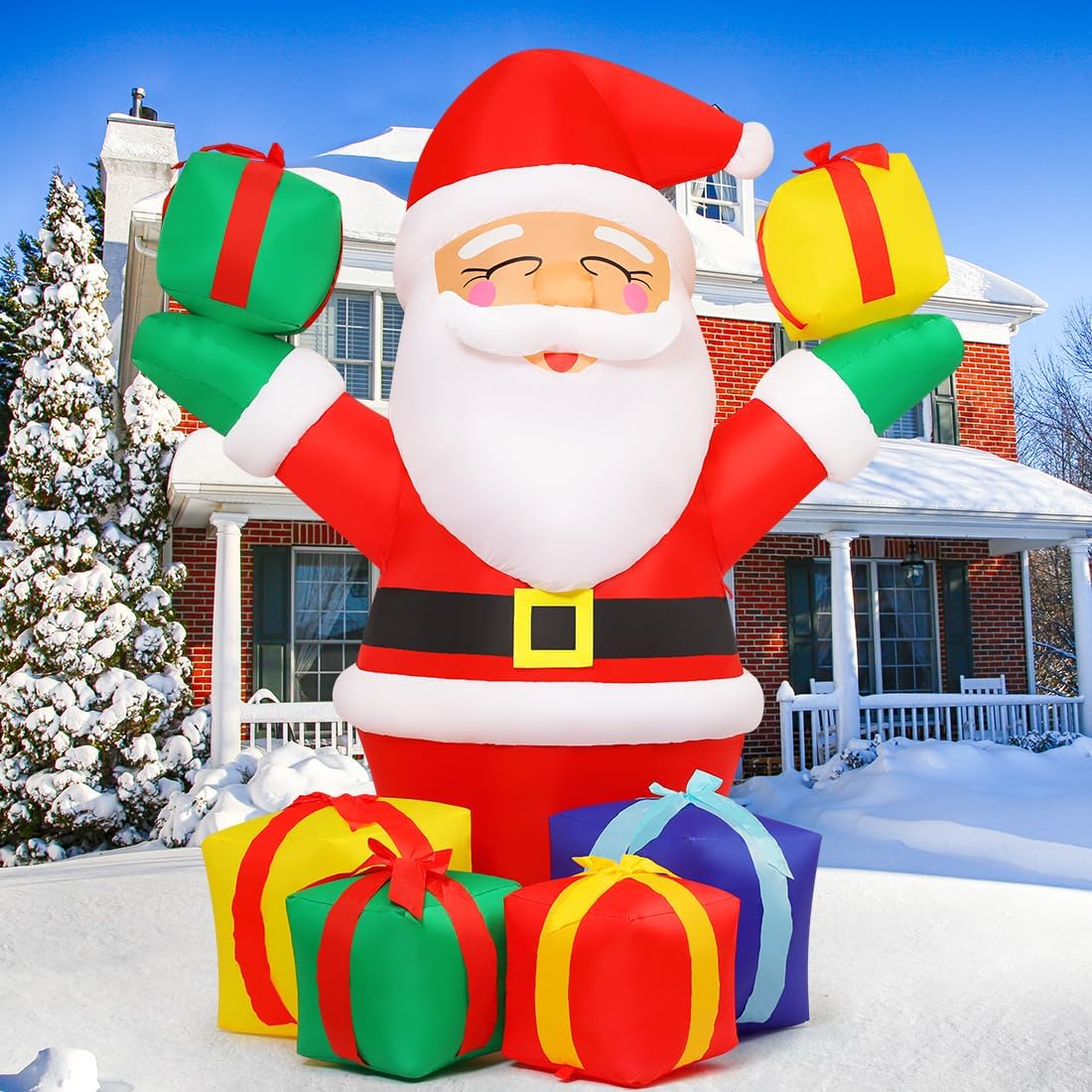 GOOSH 7 FT Christmas Inflatables Santa Claus in Sleigh and 6 FT Christmas Santa Inflatables Outdoor Decorations Smiling Santa Claus with Present Boxes