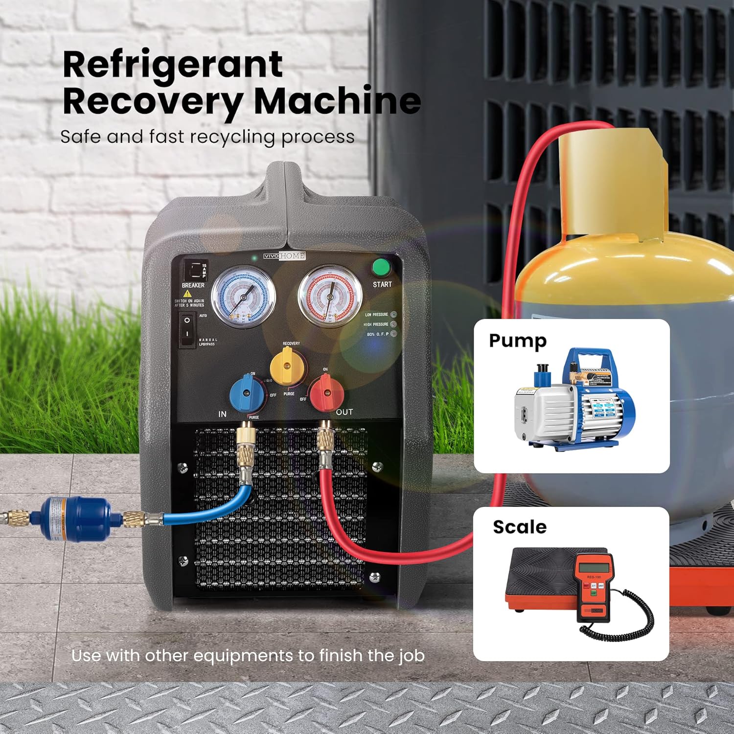 VIVOHOME R1234YF R32 1 HP Dual Cylinder Portable Refrigerant Recovery Machine R1234yf Self Sealing Can Tap Valve