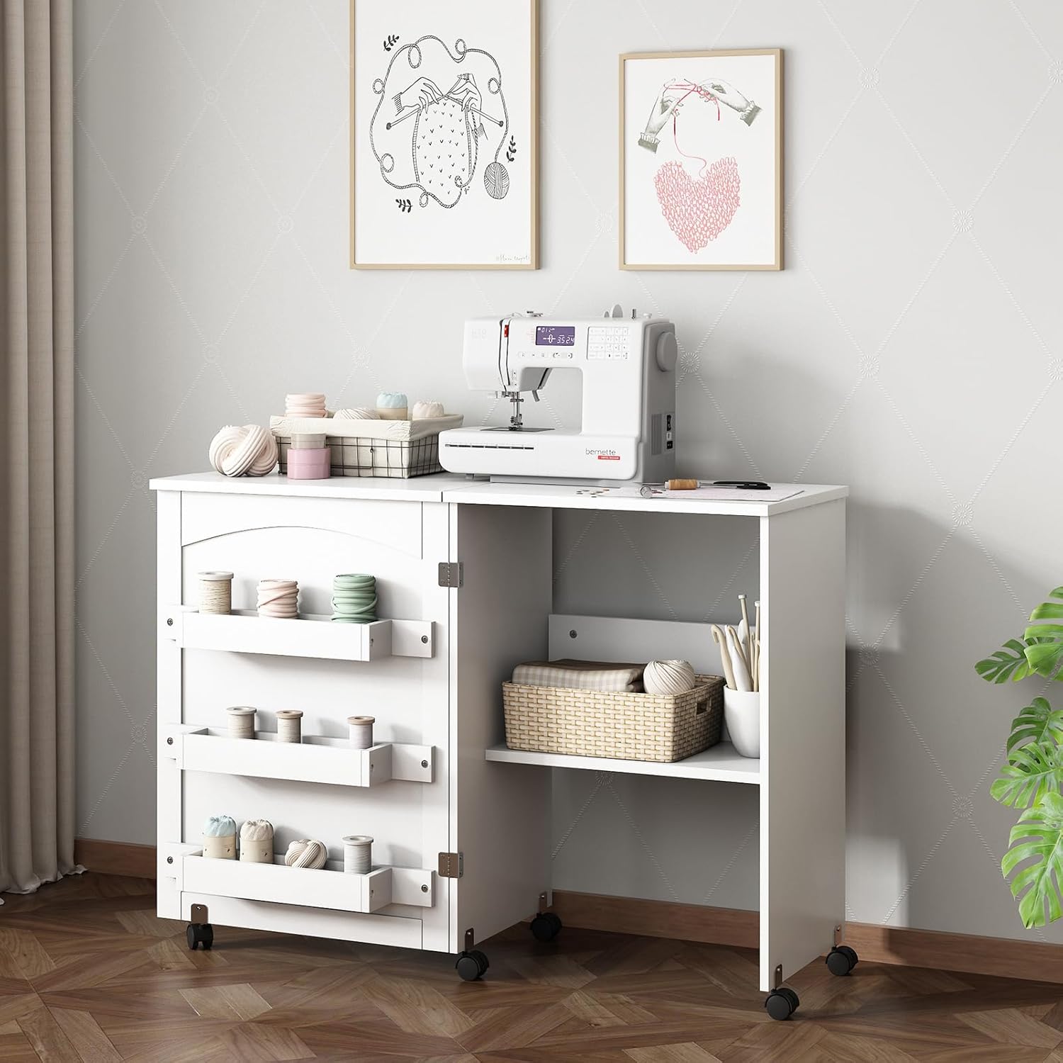 Folding Sewing Craft Cart&Sewing Cabinet Miscellaneous Sewing Kit Art Desk with Storage Shelves and Lockable Casters, White
