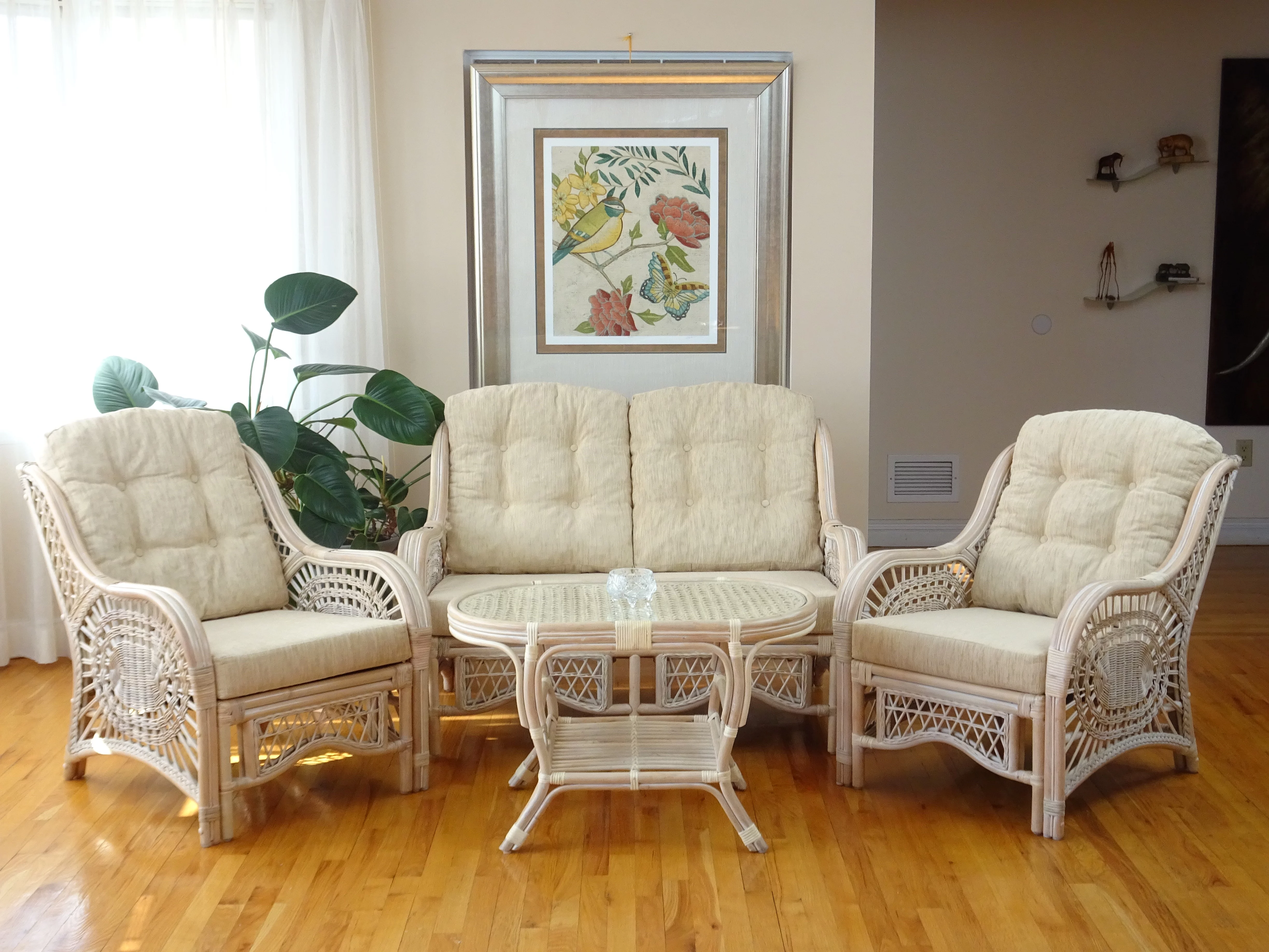 Pelangi Coffee Oval Table w/Glass Top Natural Rattan Wicker Handmade Design, White Wash