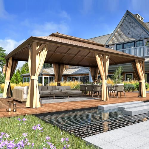 EROMMY 14'x20' Hardtop Gazebo Double Roof Galvanized Steel Canopy Outdoor Aluminum Frame Permanent Metal Pavilion with Netting and Curtains for Patio Backyard Deck and Lawns