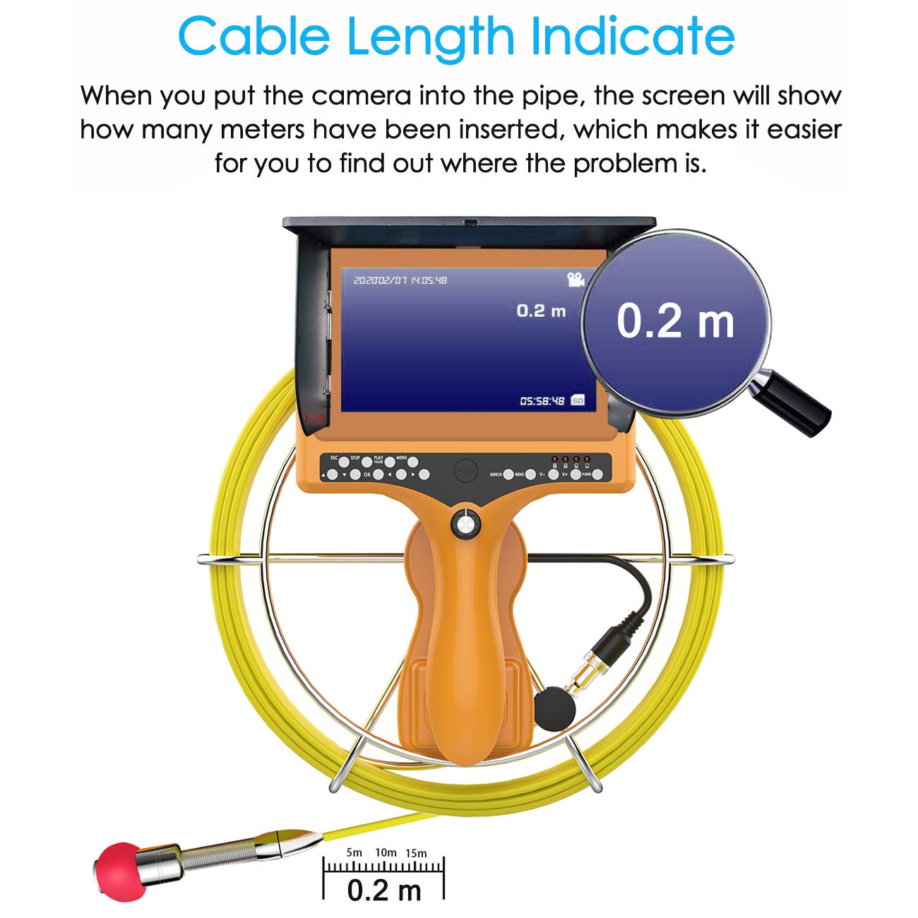 Sewer Camera with Distance Counter, Pipe Inspection Camera Video System IP68 Waterproof Plumbing Snake Drain Sewer Cam Drain Duct Pipe Camera 7TFT Monitor 20M/65ft