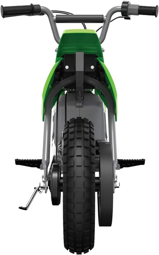 Razor MX350 and MX400 Dirt Rocket 24V Electric Motocross Motorcycle Dirt Bike with Hand-Operated Brakes and Retractable Kickstand, 1 Blue & 1 Green