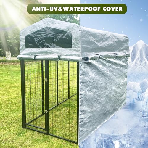 Outdoor Dog Kennel with roof, Large Dog Run Enclosure,Heavy Duty and Higher Outside Dog House with Anti-Rust Sidebar, Waterproof UV-Resistant Cover and Secure Lock (90" L x 90" W x 73" H)
