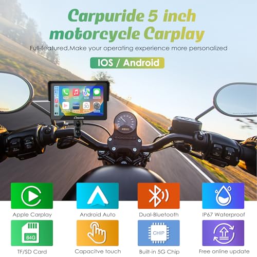 Carpuride W702 for Motorcycle, 7 inch Waterproof Touchscreen, Portable Carplay/Android Auto GPS Navigation for Motorbike, Support Dual Bluetooth, Car GPS, Siri, G00gle Assistant, TF-64G