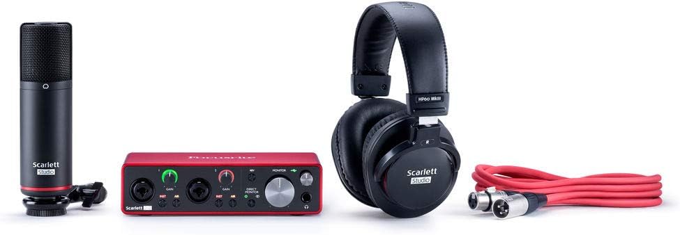 Focusrite Scarlett 2i2 Studio 3rd Gen 2-in, 2-out USB Audio Interface with Microphone & Headphones, Tripod Mic Stand + Boom, Headphone Holder, Pop Filter & 2x XLR Cable Bundle