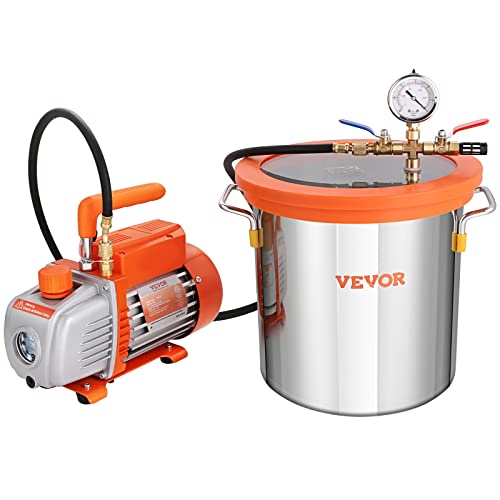VEVOR Vacuum Pump 7 CFM 3/4HP Dual Stages Air Conditioning Vacuum Pump 2Stage with 5 Gallon Vacuum Chamber Ultimate Vacuum Manifold Gauge Set, Manifold Gauge and Hose for Air Conditioning Systems
