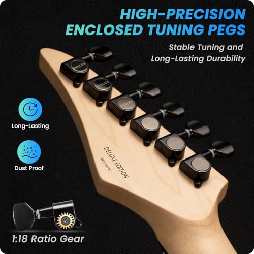 39" Solid Body Electric Guitar: Electric Guitar Kit with Bone Nut, Full Size 6 String Guitars with 24 Frets, Poplar Body AAA Flame Maple Top, Guitarra Electrica with HSS Ceramic Pickup,Black