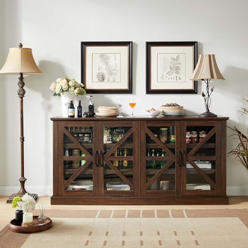 Farmhouse Buffet Cabinet with Storage, 70" Wood Rustic Sideboard Buffet Cabinet w/4 Glass Barn Doors & Adjustable Shelf, Coffee Bar Cabinet for Kitchen, Dining Room, Living Room (Dark Grey)