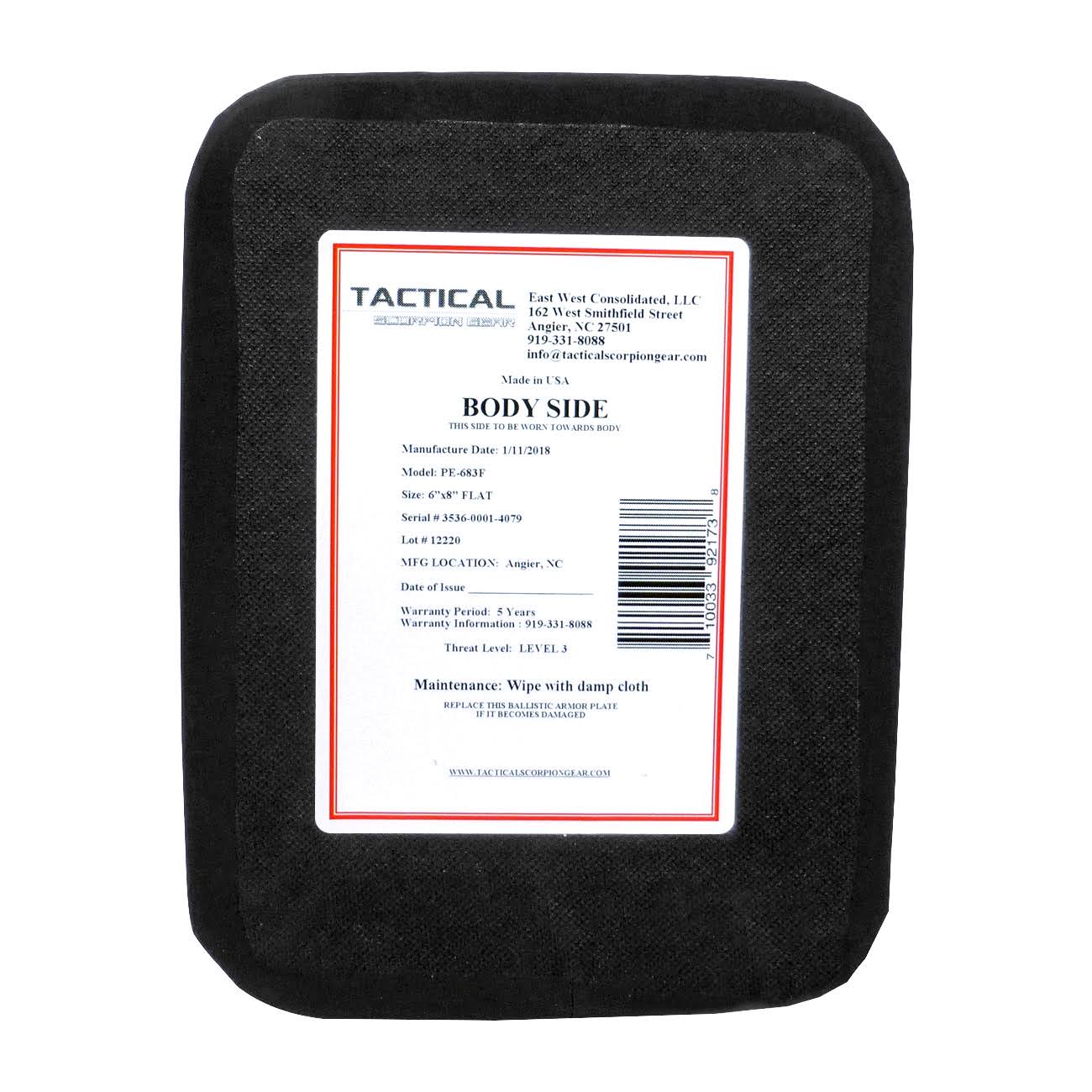 Tactical Scorpion Gear - Level III+ PE Polyethylene Single Curve Body Armor 6x8 Plate-PE-683C