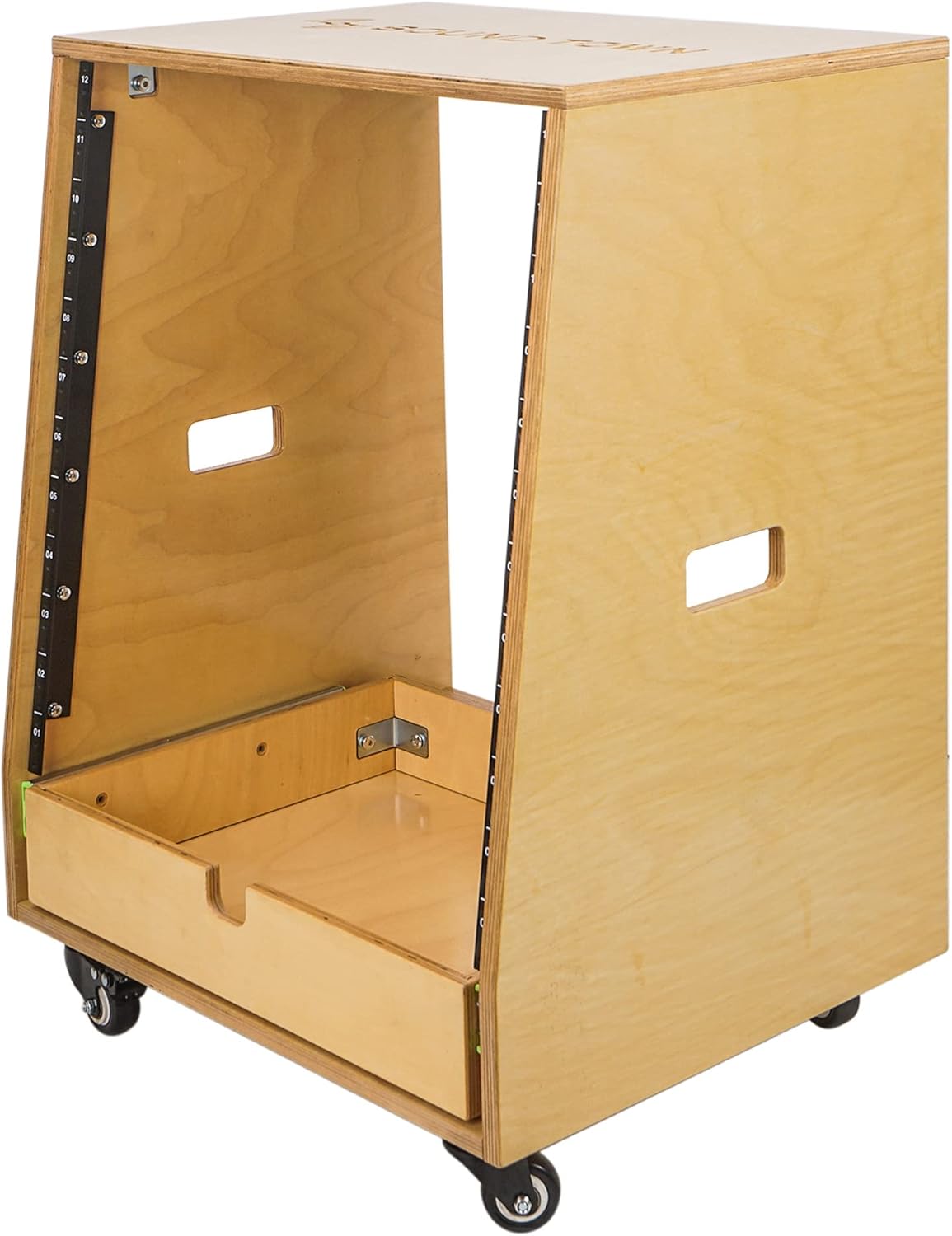 Sound Town 12U DIY Slanted Studio Rack with 12U Rack Space, Extra 2U Drawer, Plywood, Rubber Feet, Casters, Weathered Gray (SDRK-12TBD2)