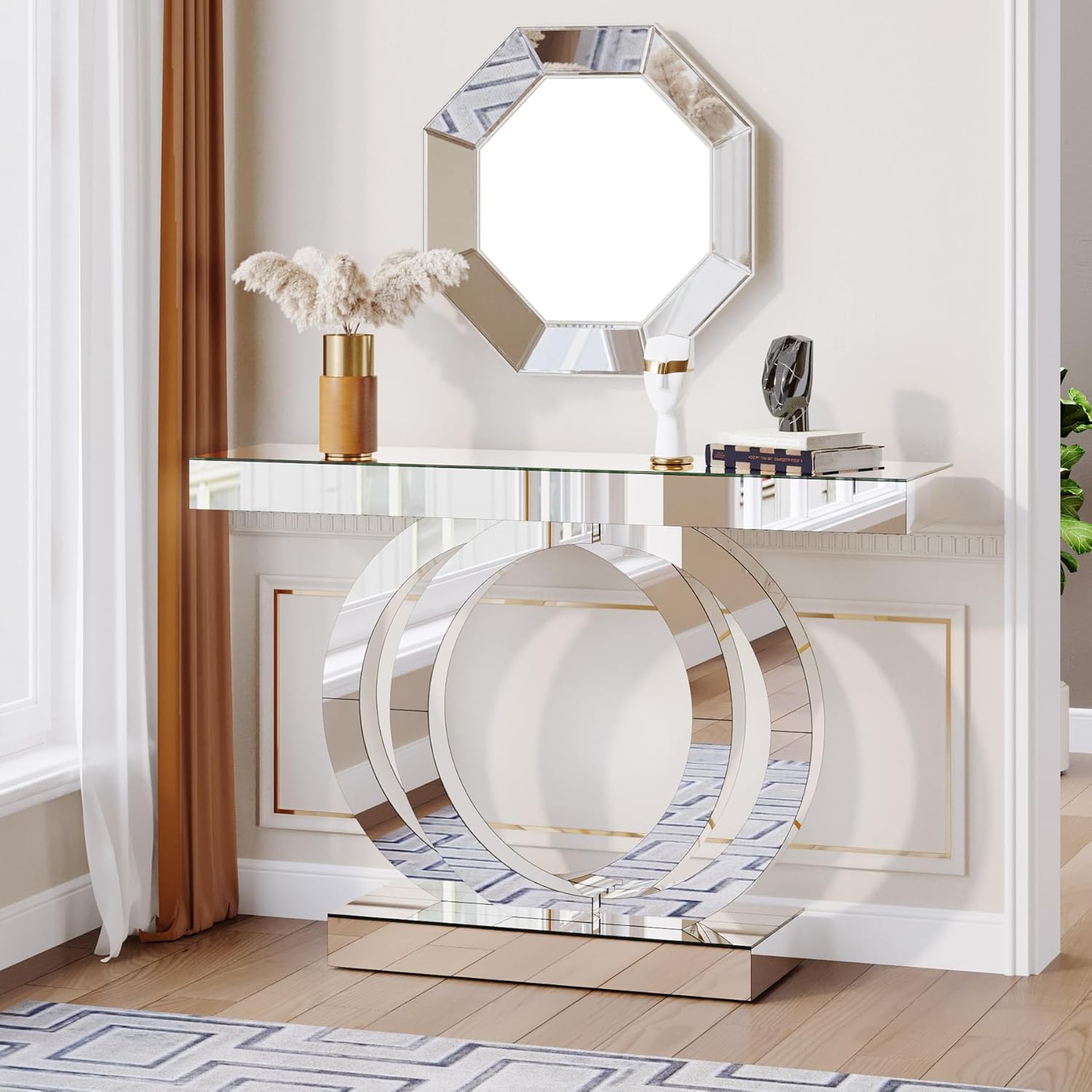 Tribesigns 43.3-Inch Mirrored Console Table, Modern Entryway Table with Thickened Mirror Finish Tabletop, Rectangle Glass Sofa Table Foyer Table for Living Room, Entrance, Hallway