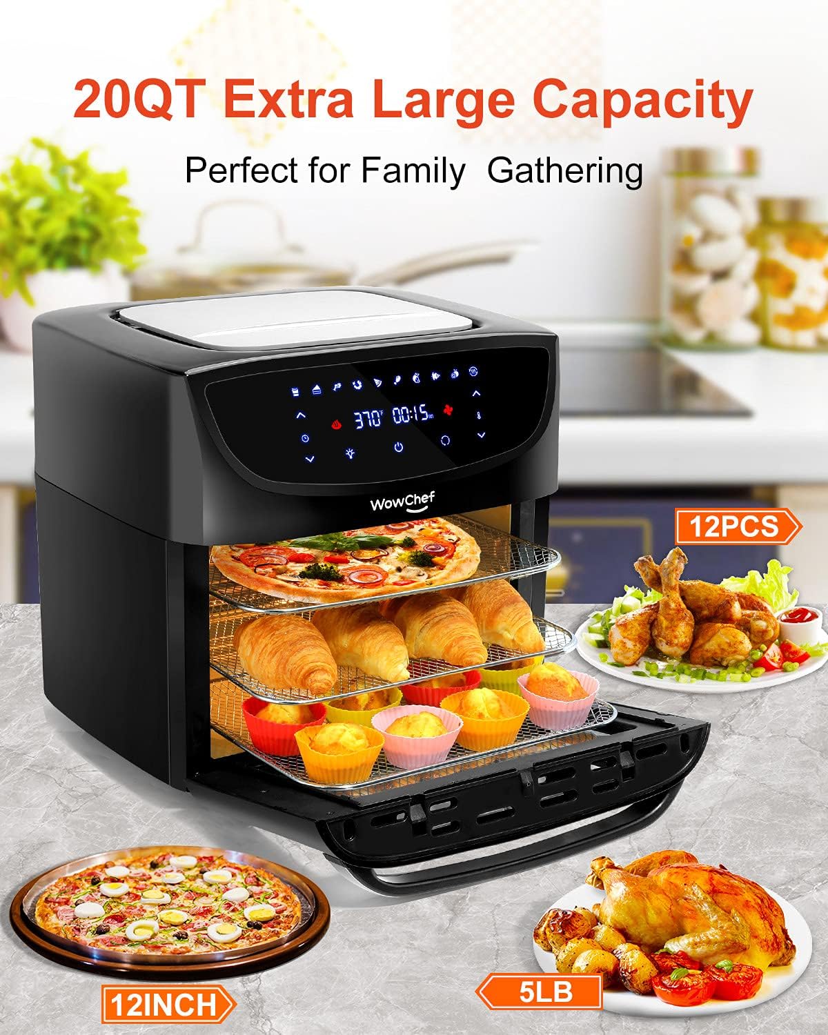 WowChef Air Fryer Oven Large 20 Quart, 10-in-1 Digital Rotisserie Dehydrator Fryers Combo with Racks, XL Capacity Countertop Airfryer Toaster for Family, 9 Accessories with Cookbook, ETL Certified