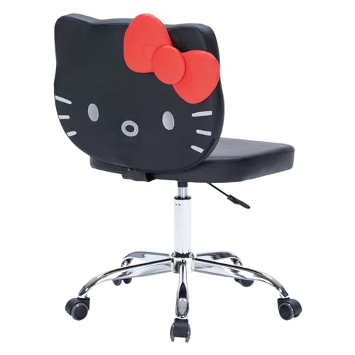 Impressions Vanity Hello Kitty Kawaii Swivel Vanity Chair for Makeup Room, Adjustable Height Cute Desk Chair with Wheels Rolling, Comfy Polyurethane Foam Back Armless Chair for Dorm (Black)
