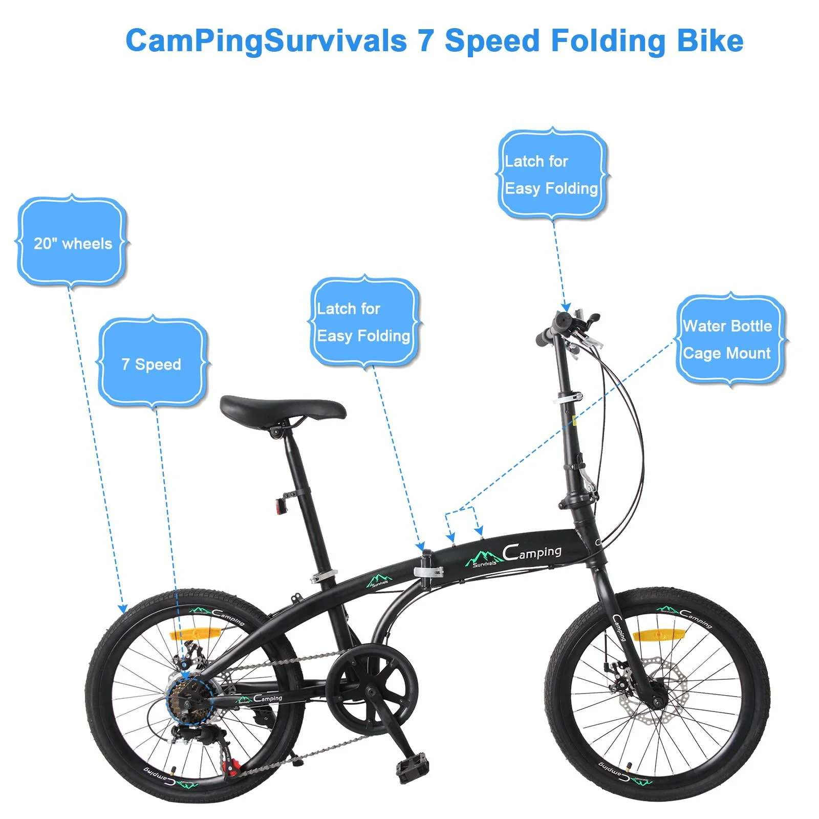 Zimtown 20 Adult Folding Bike, 7 Speed Shimano Lightweight City Commuter Bicycle, Black