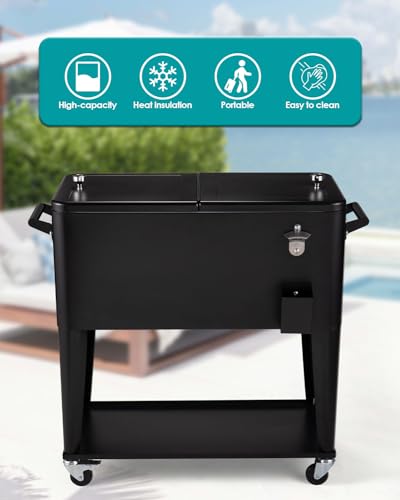 80 Quart Rolling Cooler Cart on Wheels, Portable Outdoor Patio Cooler, Ice Chest with Bottle Opener for Patio Party, Picnic, BBQ, Camping