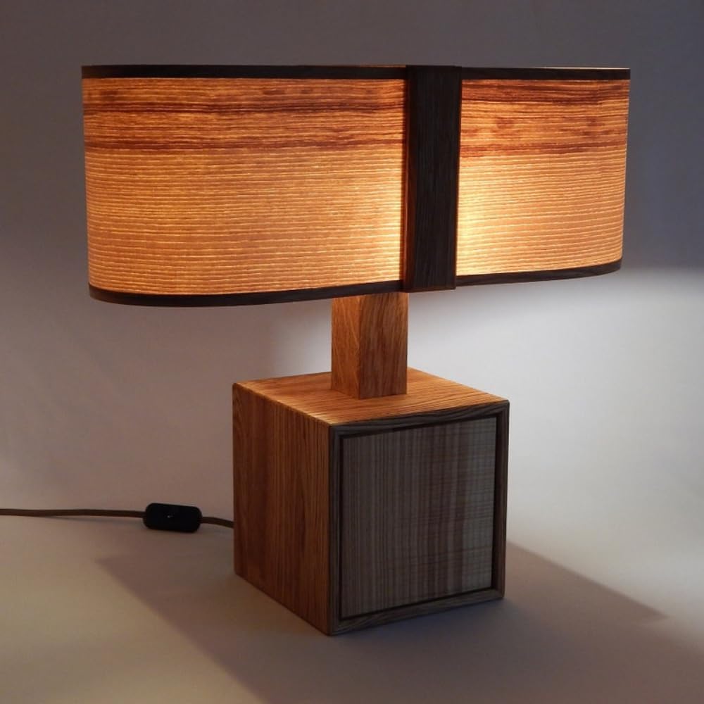 Table Lamp, Minimalist Lamp, Wood Bedside Lamp, Bedside Lamp, Wooden Lamp, Warm Light, Decorative Lamp, Veneer Lamp, 20"W x 18"H x 8"D, Night Light Lamp for Living Room, Wood Art, Oak, Olive Ash