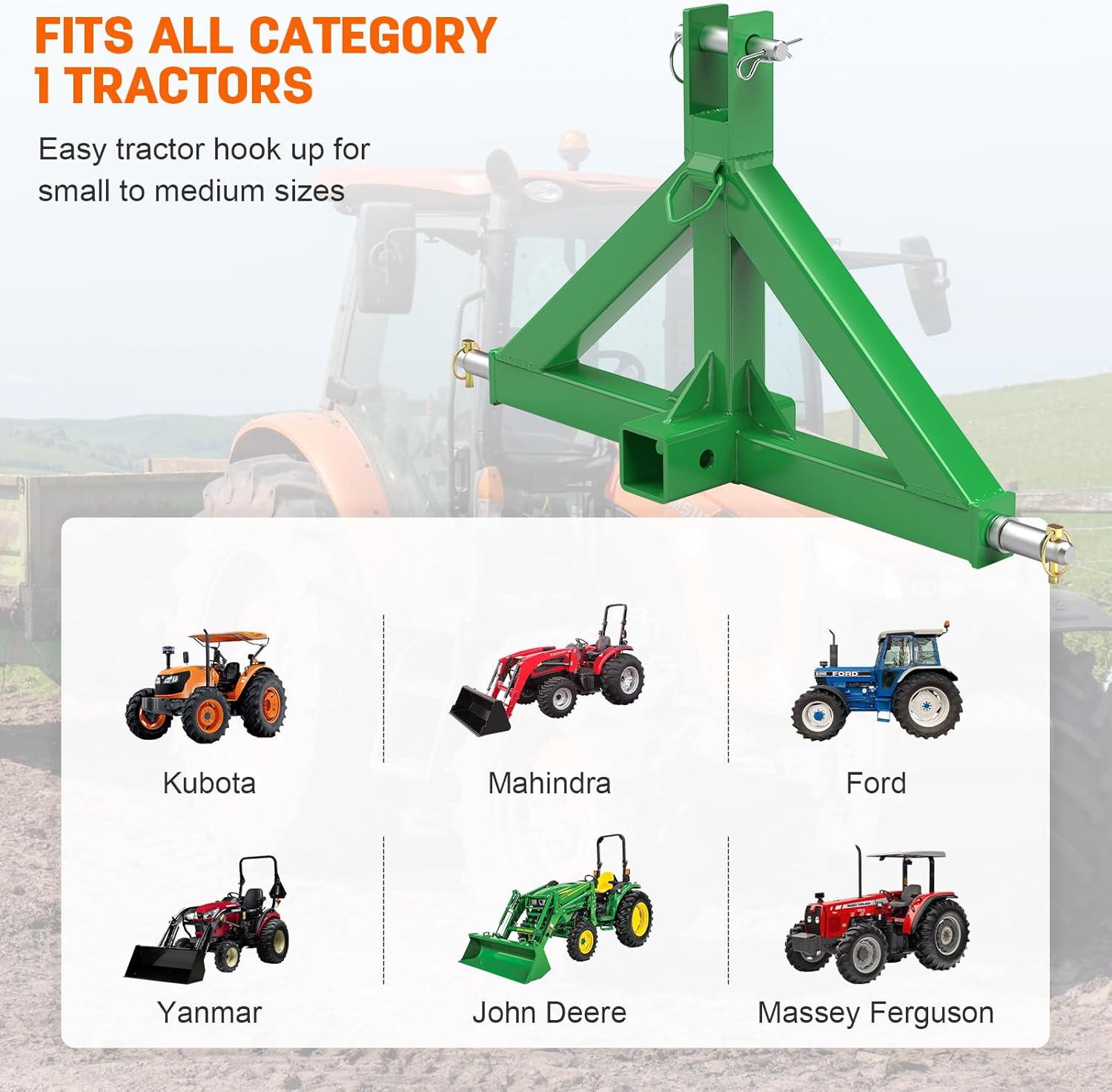 3 Point Trailer Hitch with 2" Receiver(Green) Quick Hitch Compatible with Category 1 Tractors, Heavy Duty Towing Hitch Tractor Drawbar Hitch Adapter for BX, Kubota, John Deere, NorTrac, Kioti, Yanmar