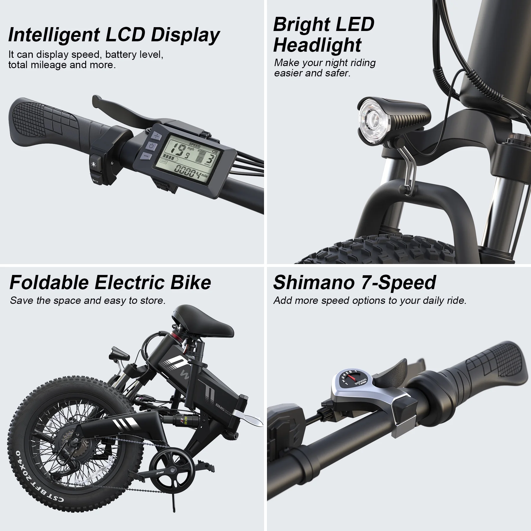 Wooken Electric Bike, 20''X4.0 Fat Tire Electric Bike for Adults, 500W 20MPH Foldable Electric Bicycle with 48V 10Ah Built-in Battery, Shimano 7 Speed Wheels Electric Bike, Dual Shock Absorber