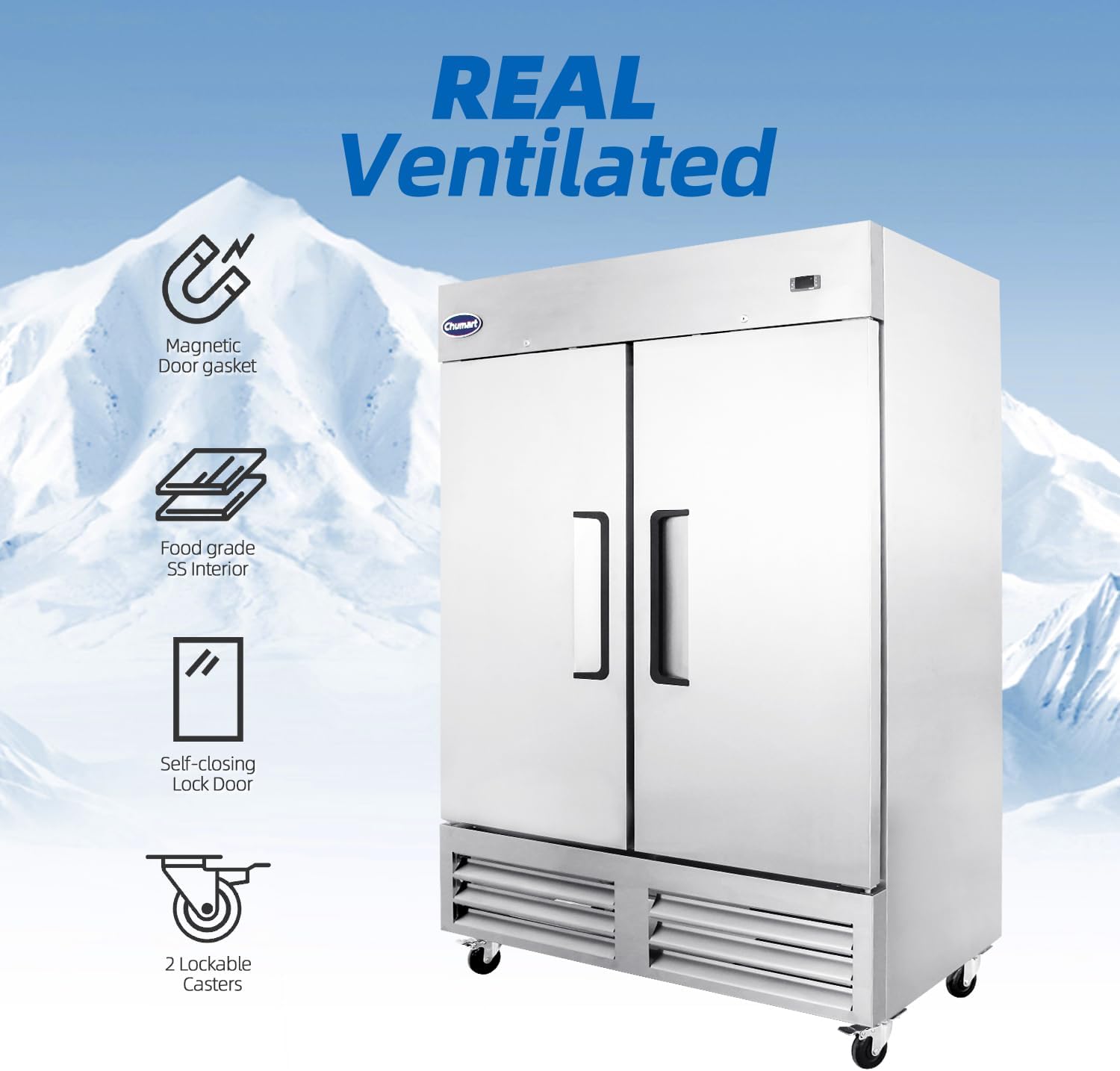 54" W Commercial Freezer with 2 door Stainless Steel 49 Cu. Ft Reach-in Freezer 6 Adjustable shelves Fan Cooling Freezer for Restaurant, Commercial Kitchen, Shop, ETL Certification