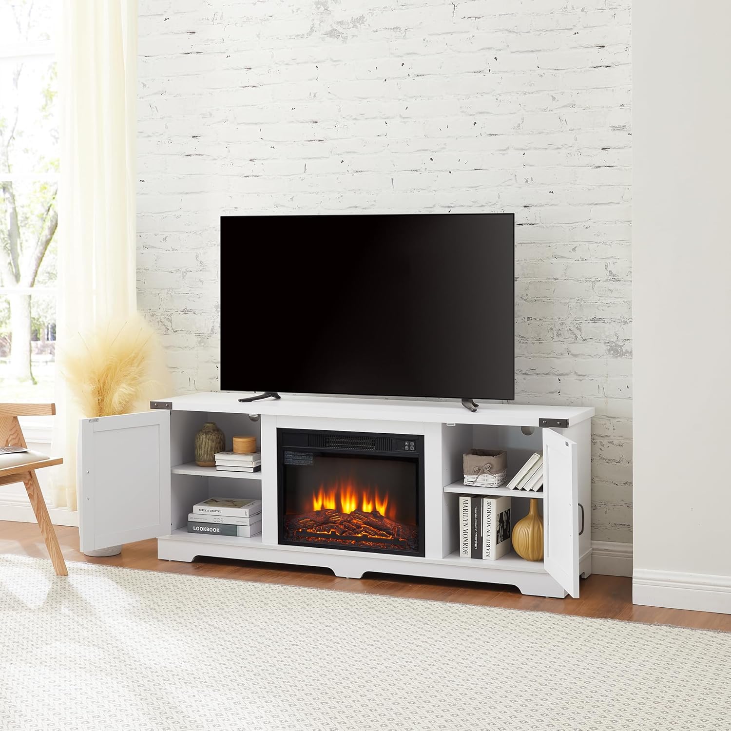 Modern Farmhouse TV Media Stand, Large Barn Inspired Home Entertainment Console, with 23" Fireplace Insert, for TV Up to 70", with Open Shelves and Closed Cabinets, White, 64.8" W*15.67" D*24.29" H