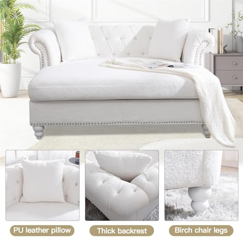 63" Chesterfield Double Chaise Sofa, Velvet Chaise Lounge Chair Indoor with 2 Pillows andRolled Arm Oversized Loveseat Sofa (White)
