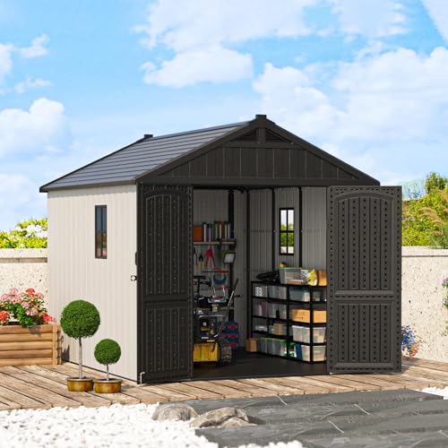 Patiowell 8 x 12 FT Plastic Outdoor Storage Shed with Floor, Resin Shed with Window and Lockable Door for Garden, Backyard, Tool Storage Use, Easy to Install in Beige (Kick-it Shed)