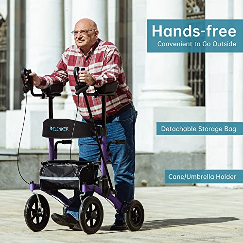 ELENKER All-Terrain Upright Rollator Walker, Stand Up Rolling Walker with Non-Pneumatic Tire 12” Front Wheels, Compact Folding for Seniors, Champagne