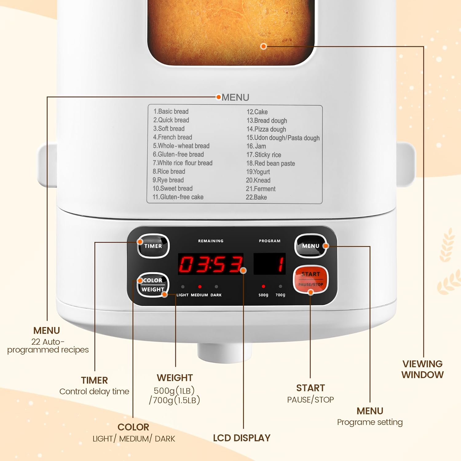 22-In-1 Compact Automatic Bread Maker Machine, 1LB/1.5LB Programmable 2 Loaf Sizes, 3 Crust Colors, Small Digital Home Bakery with Dough, Cake, Jam, Yogurt, Non-stick Pan, White