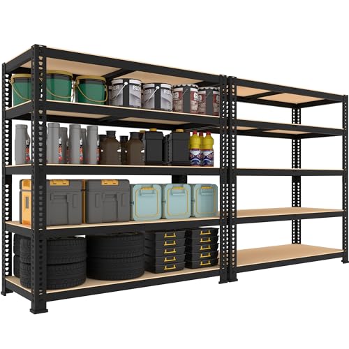 5 Tier Garage Storage Shelves - 32" W x 16" D x 63" H Adjustable Heavy Duty Metal Shelving Unit, Garage Shelving Utility Storage Rack for Basement, Pantry, Kitchen, Black, 2 PCS