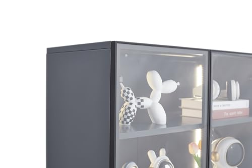 Display Cabinet with Light Strips, 5 Shelves Metal Storage Cabinet with Glass Door, Floor Standing Tall Bookcase Clear Glass Curio Cabinet Collection for Living Room Bedroom (Double Door)