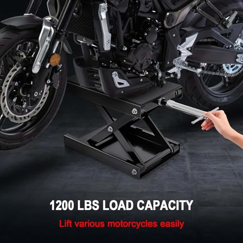 1200 LBS Motorcycle Jack with Dolly, Motorcycle Lift Stand for Dirt Bike ATV,Scissor Jack with Hand Crank Bikes Garage Repair Hoist Stand Ratchet Wrench