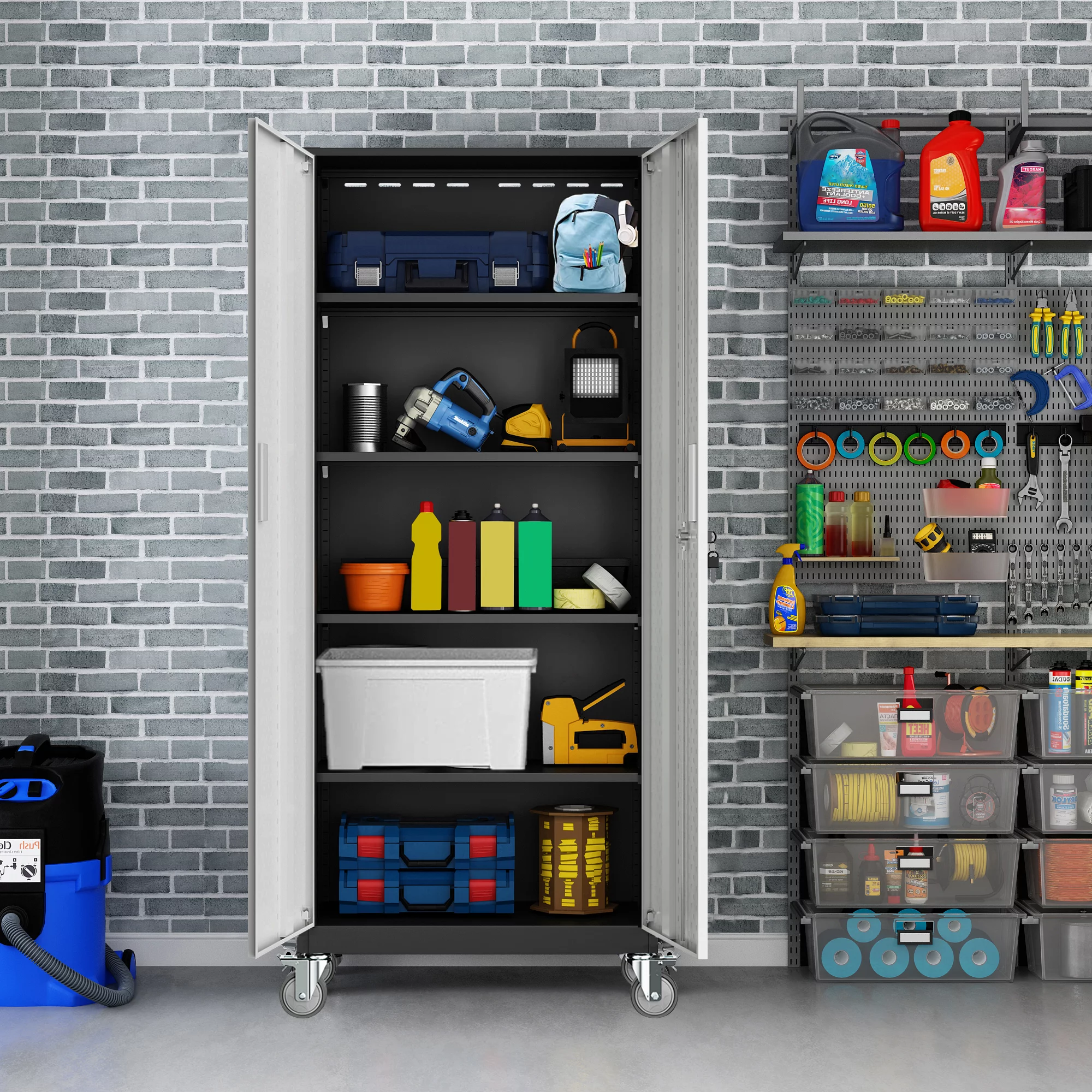 Tall Metal Storage Garage Cabinets with Wheels Locking Doors and 4 Adjustable Shelves, Double Handles, Steel Storage Cabinet for Garage, Office, Bedroom,Classroom, School,Gym (Gray with Pulleys)
