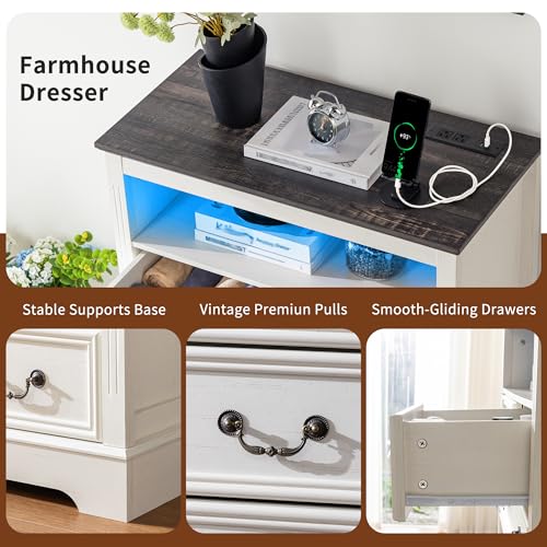 Dresser for Bedroom with Charging Station & LED Light,Tall Dresser & Chests of Drawers with 6 Drawers,Vintage Gray