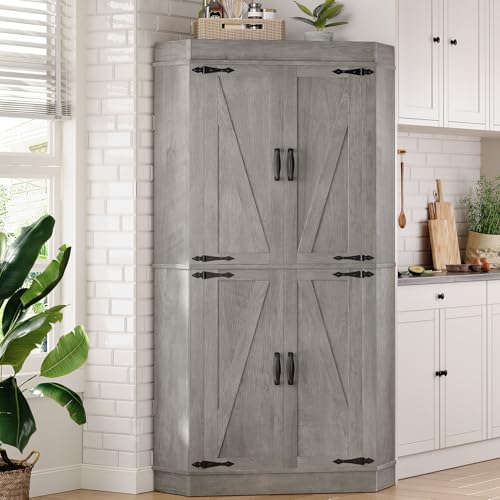 Corner Cabinet, Kitchen Pantry Cabinet, Storage Cabinet with 4 Doors and Shelves, Kitchen Cabinet, Pantry Cabinet, Tall Food Pantry Storage Cabinet Farmhouse Furniture for Kitchen Dining Room, Grey
