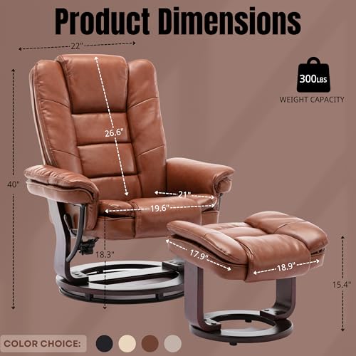 JC Home Argus Swivel Recliner with Ottoman, PU Leather & Wood Base Reclining Chair with Footrest, Ultra-Plush Double Foam for Living Room, Bedroom and Office