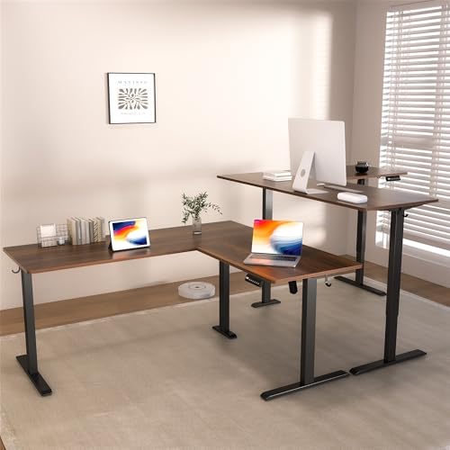L-Shaped Electric Standing Desk, 63x55 Inch, Walnut, Adjustable Height, Wheeled, Ergonomic, Modern Design, Corner Desk for Home Office
