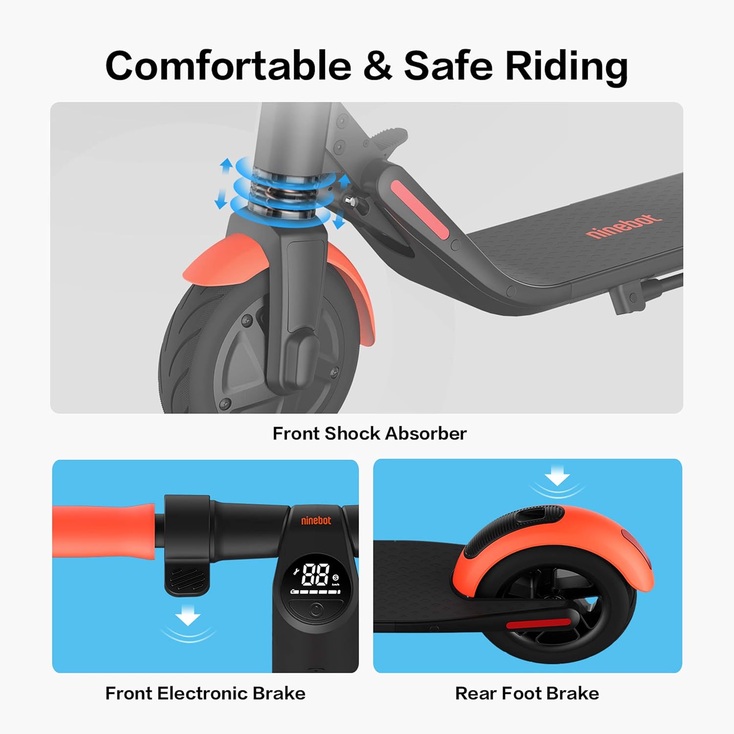 Segway Ninebot ES1L Electric Kick Scooter, Lightweight and Foldable, Upgraded Motor and Battery Pack, 8-inch Inner-Support Hollow Tires, Dark Grey & Orange