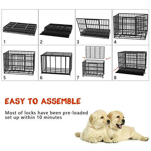 LEMBERI 48/38 inch Heavy Duty Indestructible Dog Crate, Escape Proof Dogs Cage Kennel with Lockable Wheels,High Anxiety Double Door Kennel,Extra Large Crate Indoor for Large Dog with Removable Tray
