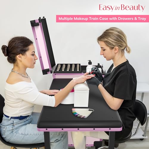EASYINBEAUTY Rolling Portable Manicure Table with 2 Drawers, Mirror & Nail Polish Organizer, Lockable Makeup Train Case with Foldable Nail Desk, Cosmetic Travel Case for Workstation Mobile, Nail tech
