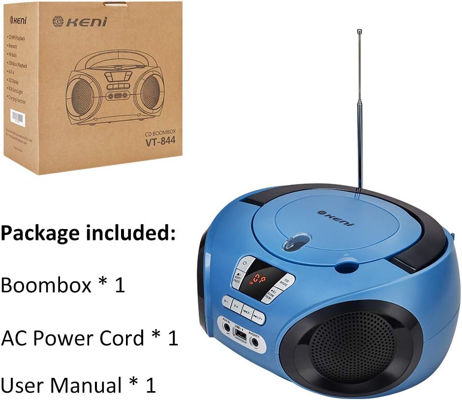 G Keni Portable CD Player Boombox with FM Radio/USB/Bluetooth/AUX Input and Earphone Jack Output, Stereo Sound Speaker, Audio Player, Blue Pack of 2
