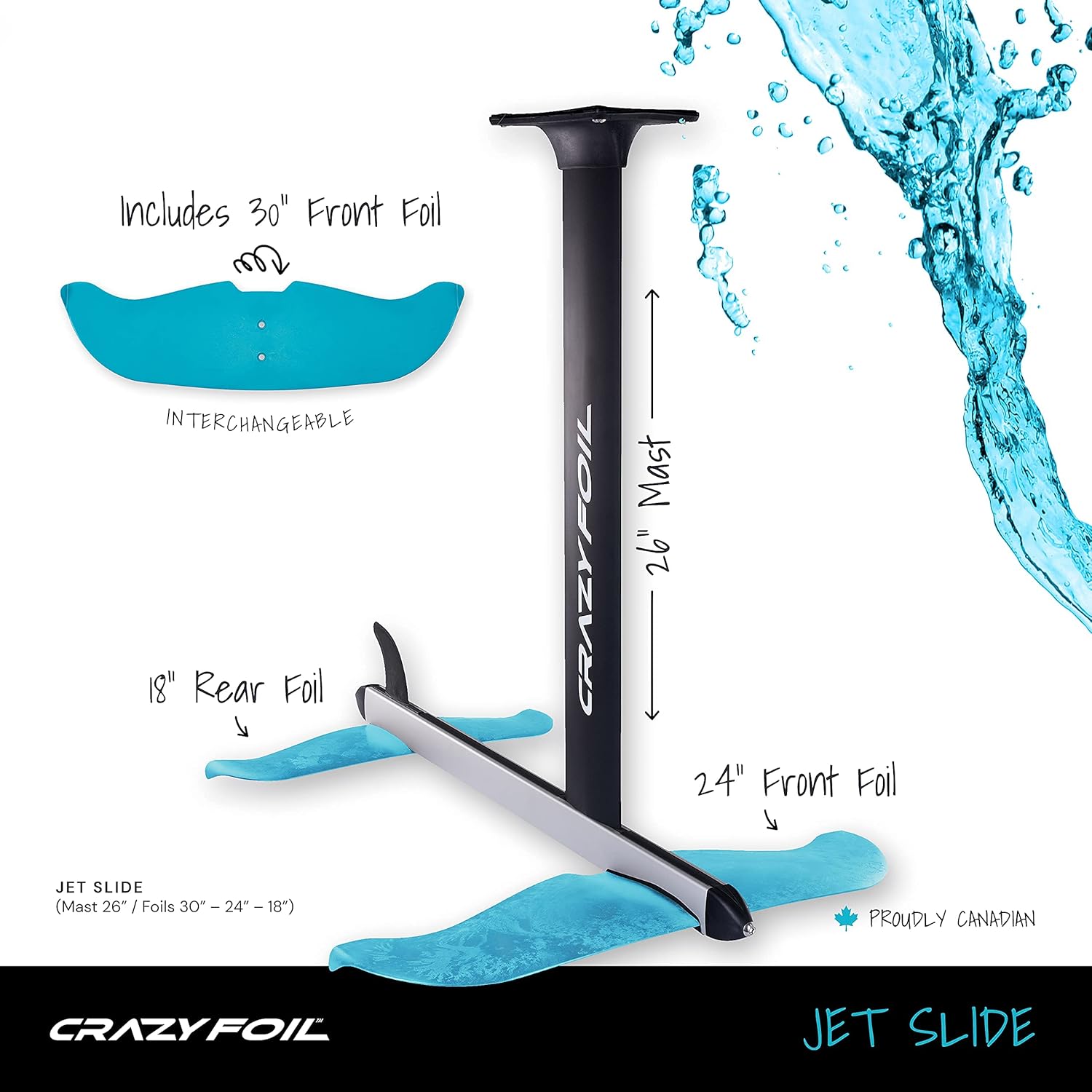 Crazy Foil Jet Slide Hydrofoil, Made for NO Track System Boards, Versatile & Easy to Assemble Hydrofoil. Best for Kite, surf and Behind The Boat Watersports. Includes a 26 in mast.